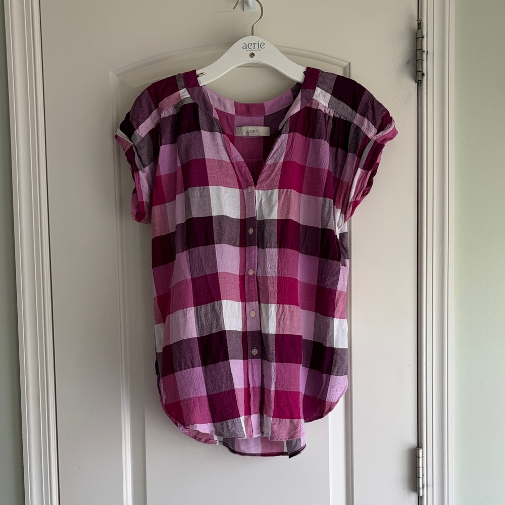 LOFT Fuchsia and White Checkered Blouse